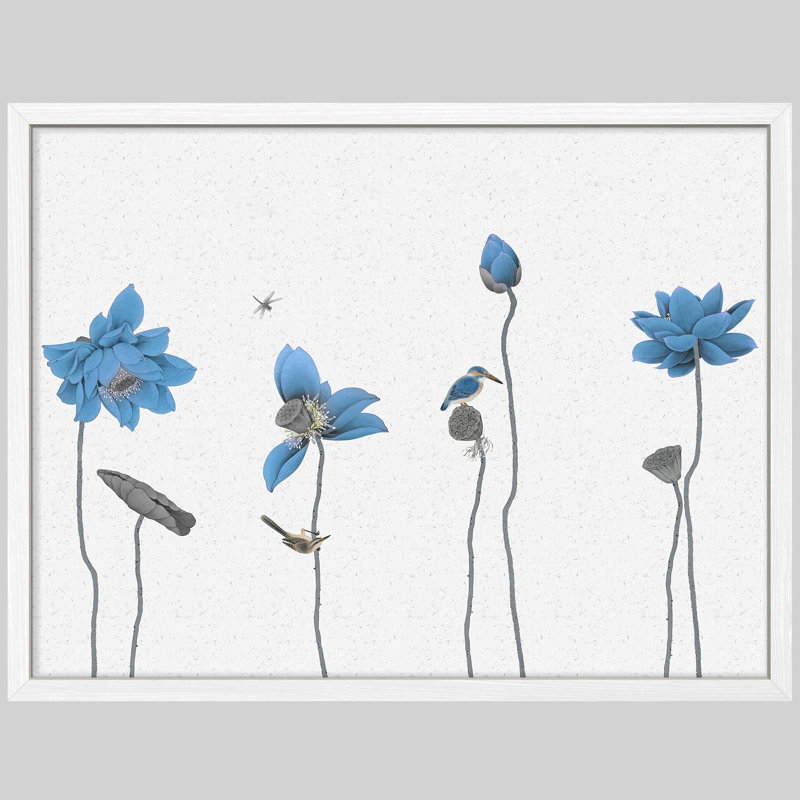 Fleurs de lotus bleues avec oiseaux et libellule sur fond neutre, affiche encadrée rustique, Blanc / Blanc, H 11 po x l 14 po