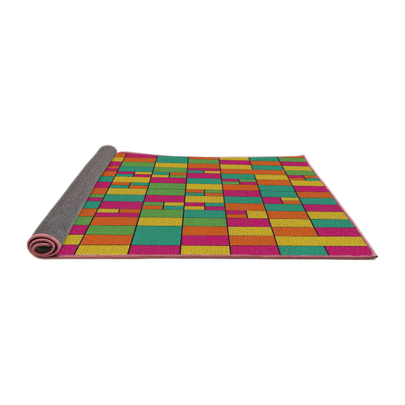 Tapis vert/rose/orange à motifs, Rond 5 pi