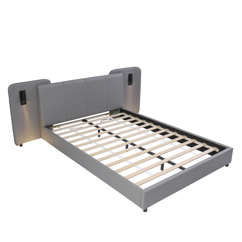 Upholstered Double Bed With Usb Charging - Storage Bed , Grey