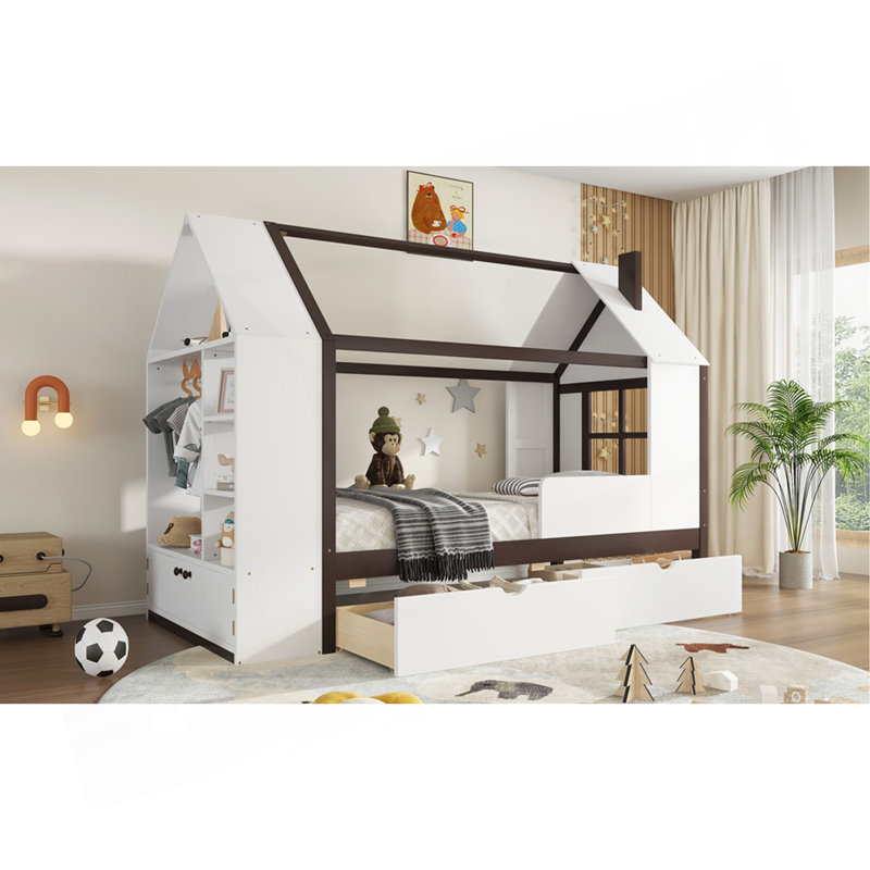 Lit plateforme simple avec tiroirs, lit maison en bois massif avec tablettes, conception enfantine, Blanc antique / Espresso