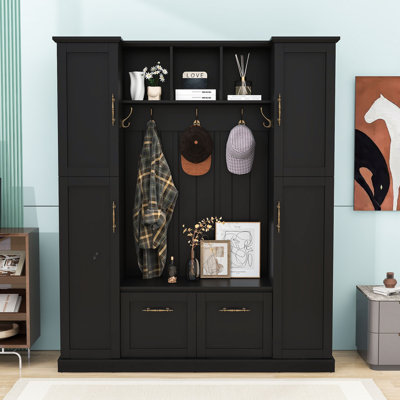 Wooden Hall Tree with Hooks, Cabinets, Bench and Shelves