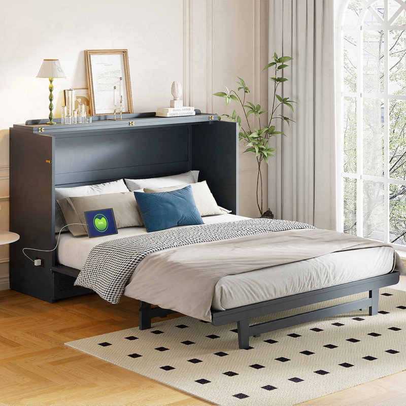 Murphy Bed Cabinet With Drawer And Power Outlets, Gray, Queen
