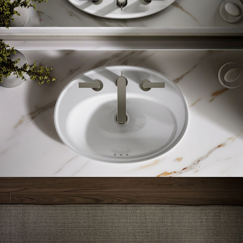 Serif Ceramic Oval Drop-In Bathroom Sink with Overflow, White, 8'' Widespread