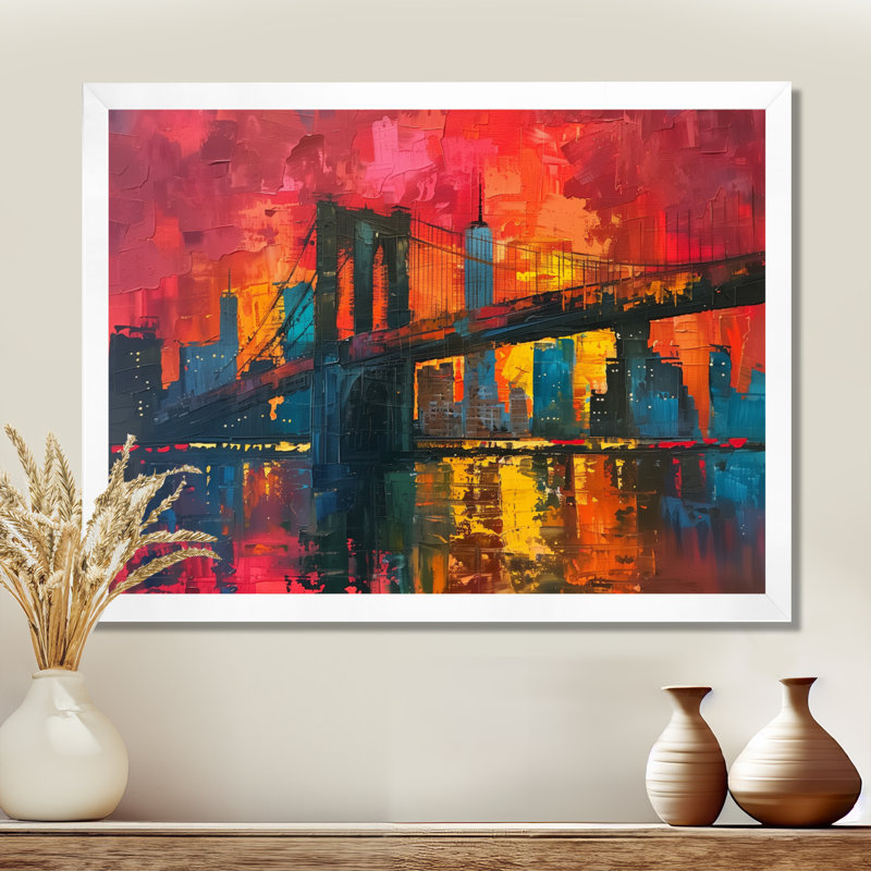 Pont rouge et bleu de Brooklyn, art mural, Cadre simple blanc, H 12 po x l 20 po