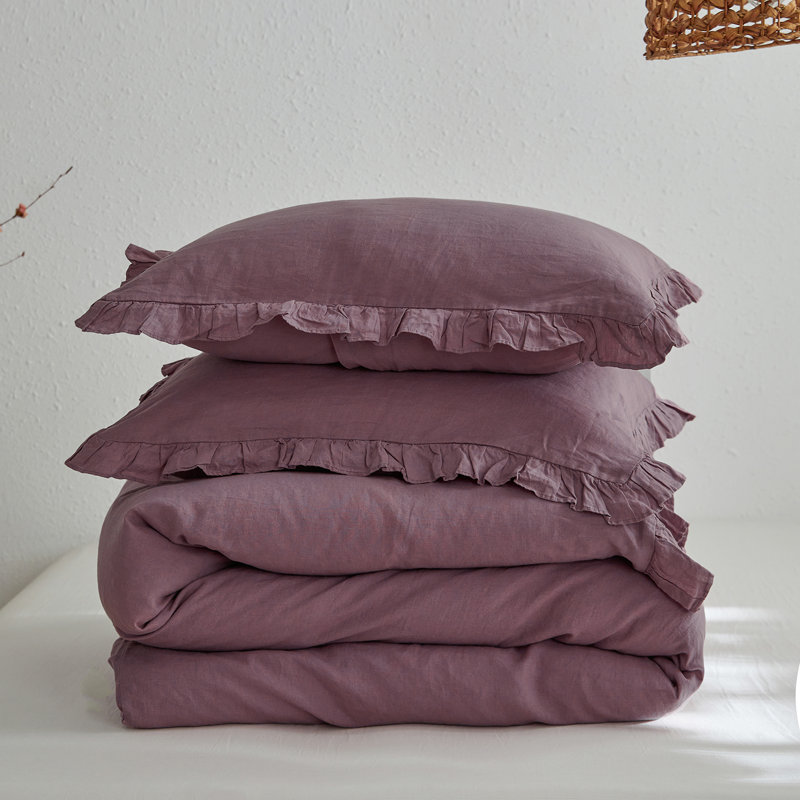 Ensemble de housse de couette en lin à volants, Housse de couette pour grand lit et 2 taies décor, Mauve