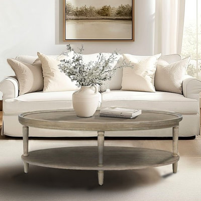 Table basse ovale avec tablette de rangement, atmosphère classique, pieds élégants, finition grège, niveleurs réglables pour une stabilité stable, pieds, étagères fixes