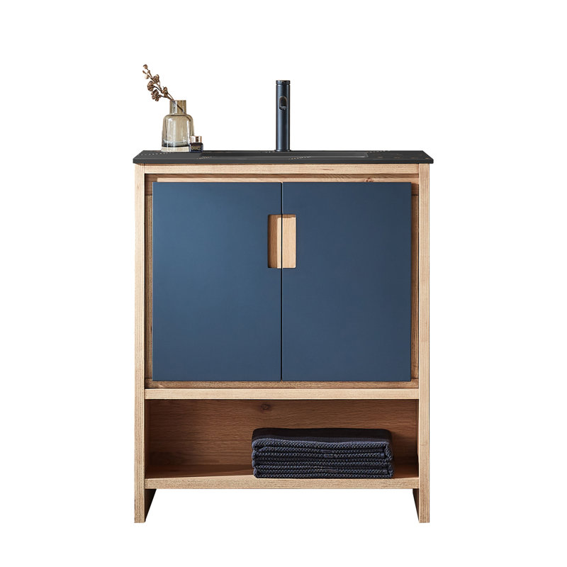 Meuble-lavabo moderne autoportant en placage de noyer naturel 30 po Tomesia (comptoir noir), Noir nuit / érable, Black