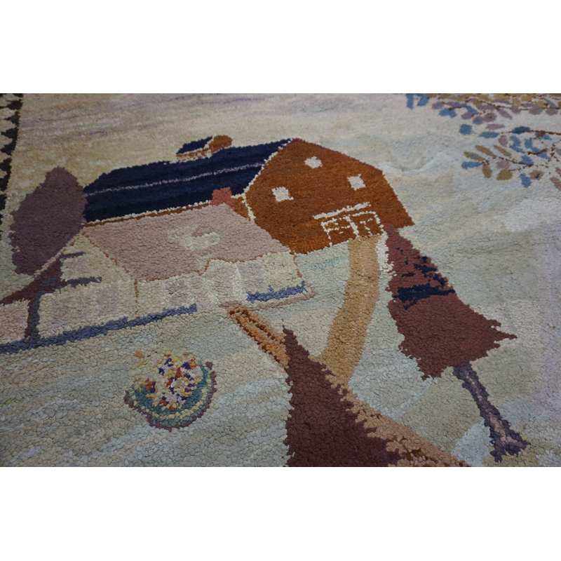 Antique American Hooked Small Scatter Size Cotton Ivory Rug