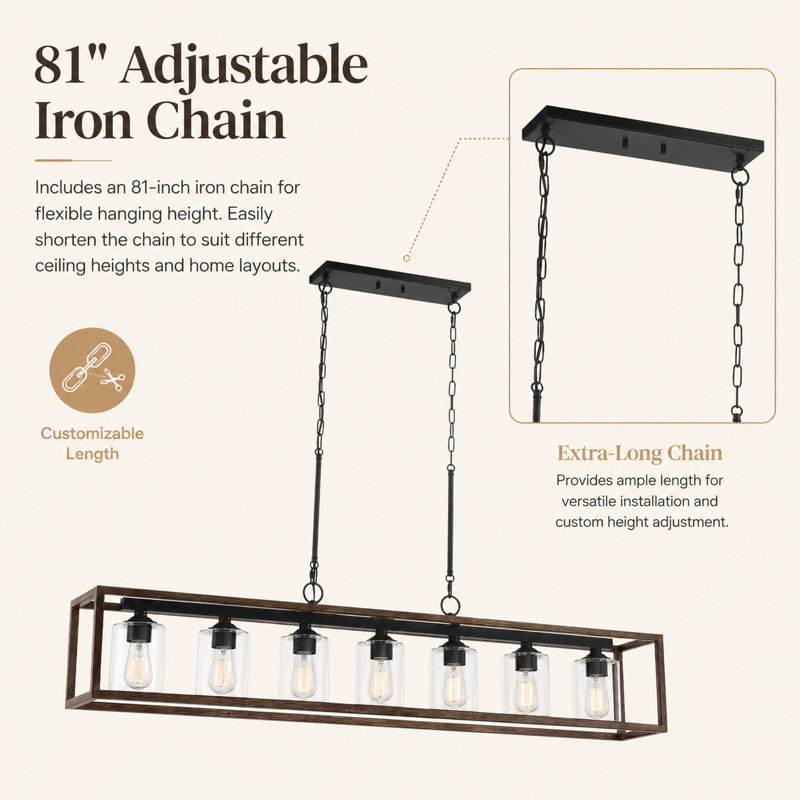 Elutheria 7-Light Dimmable Rectangle Chandelier, Weathered Walnut