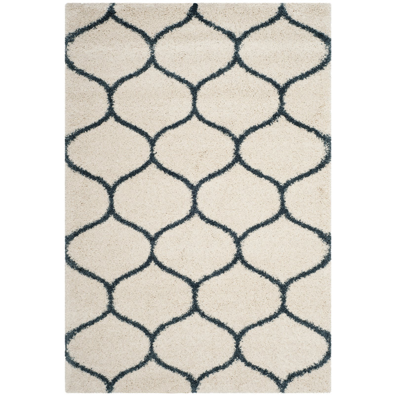 Tate Hudson Shag Performance Geometric Rug, Rectangle 5'3" x 7'6", Ivory/Slate Blue