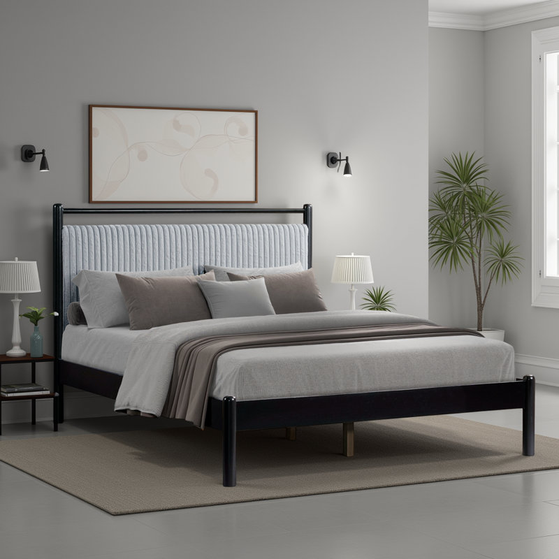 Wood Platform Bed Frame with Plush Headboard, Silent Slats & 8.8"Underbed Storage, Full