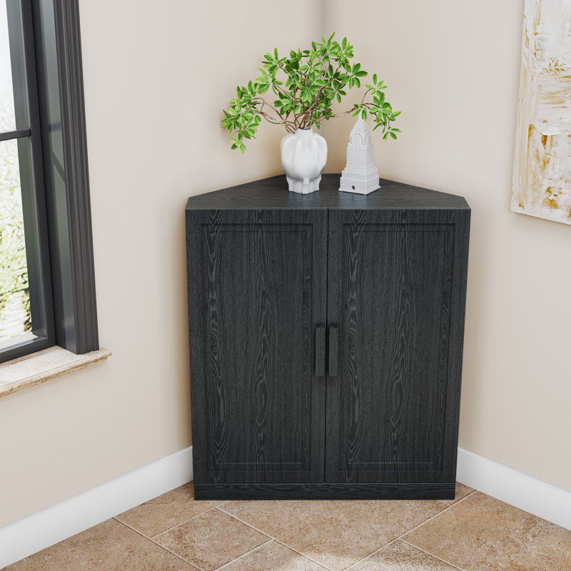 Lula Space-saving Corner Accent Cabinet With Adjustable Shelf, Black, 36" H x 31" W x 16" D