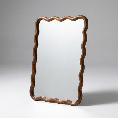 Natural Wood Framed Wavy Rectangle Decorative Wall Mirror with Tempered Glass for Living Room, Bedroom, and Bathroom