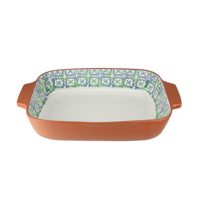 14" Blue Flower and Green Cross Rectangular Terracotta Oven Dish
