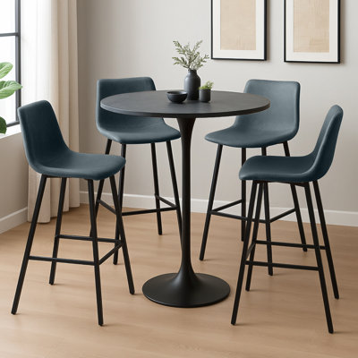 Ensemble de salle à manger à hauteur de bar 5 pièces avec table de bar ronde en MDF et base en acier inoxydable Brookhaven, tabourets de bar rembourrés en cuir avec pieds en fer