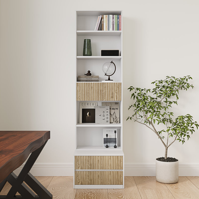 78.7'' Tall Bookcase with Movable Footstool and Open Shelves Storage Drawers, White/Oak
