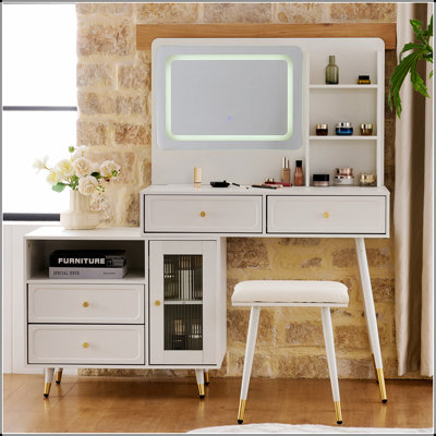 Bureau de coiffeuse moderne avec miroir et lumières, coiffeuse rétractable avec tiroirs et armoire, ensemble de table de maquillage compact avec prise de courant pour chambre à coucher