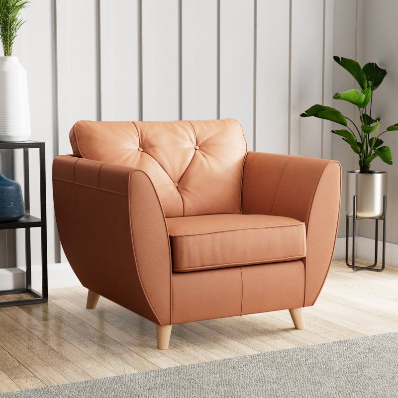 Marylin Leather Armchair, Saddle, Light Wood