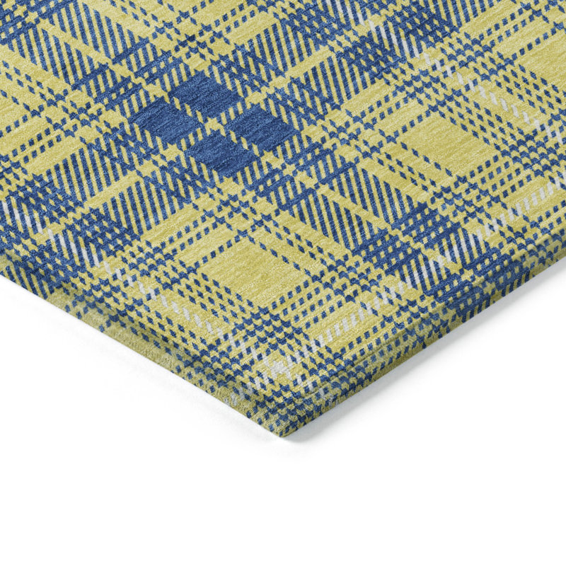 Yellow and Blue Plaid Washable Synthetic Rug, 3' x 5'