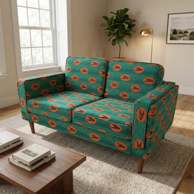 Green Patterned Upholstered Sofa With Solid Wood Frame And Natural Wood Legs(2-Seater)
