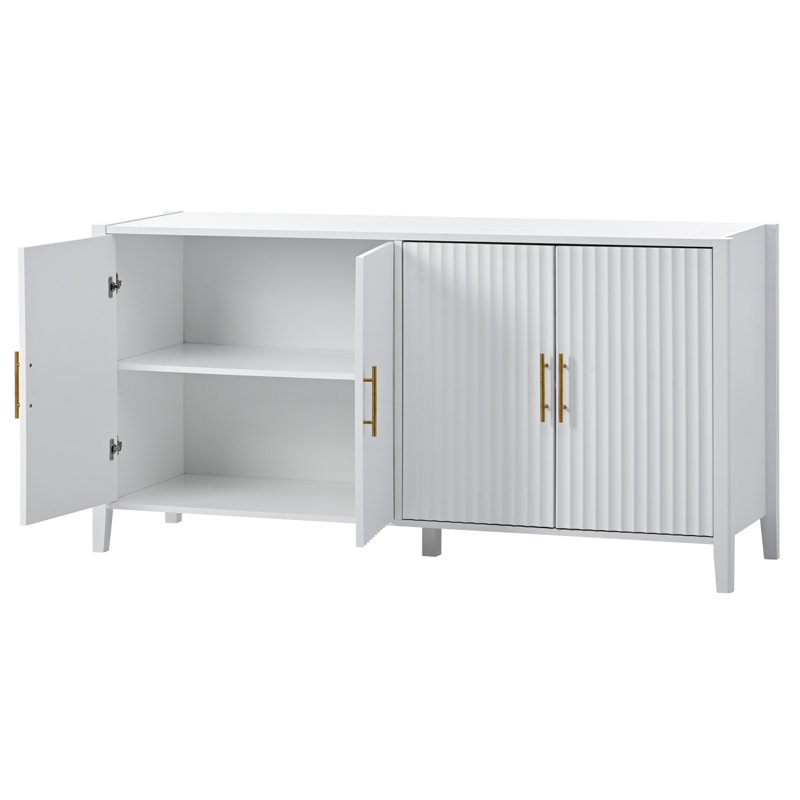 Buffet de 63,1 po avec portes à lattes ondulées et poignées en métal, Blanc
