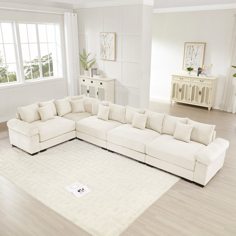 Luxueux canapé en velours côtelé surdimensionné avec design ergonomique et coussins décoratifs pour le confort, Beige