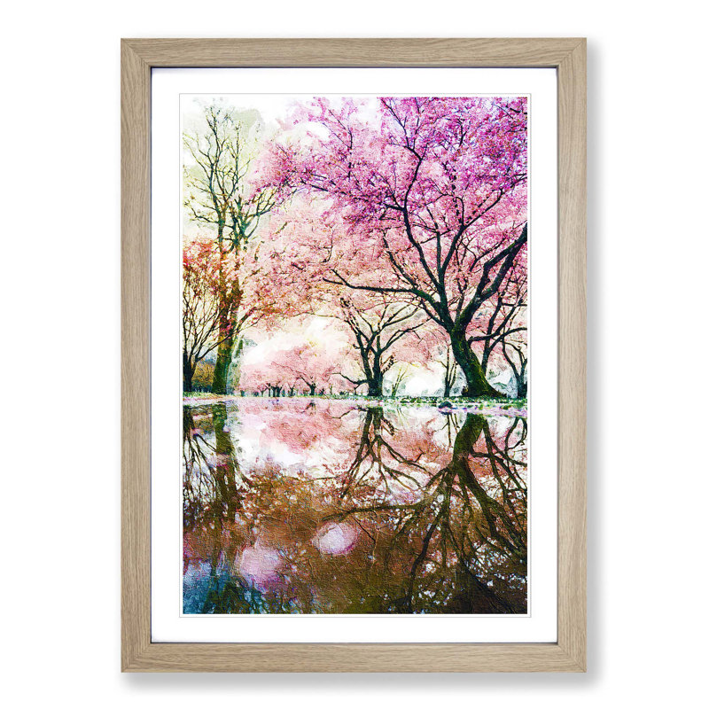 Reflection of the Pink Blossom Trees - Picture Frame Painting Print, 65cm H x 48cm W x 2cm D, Oak Framed