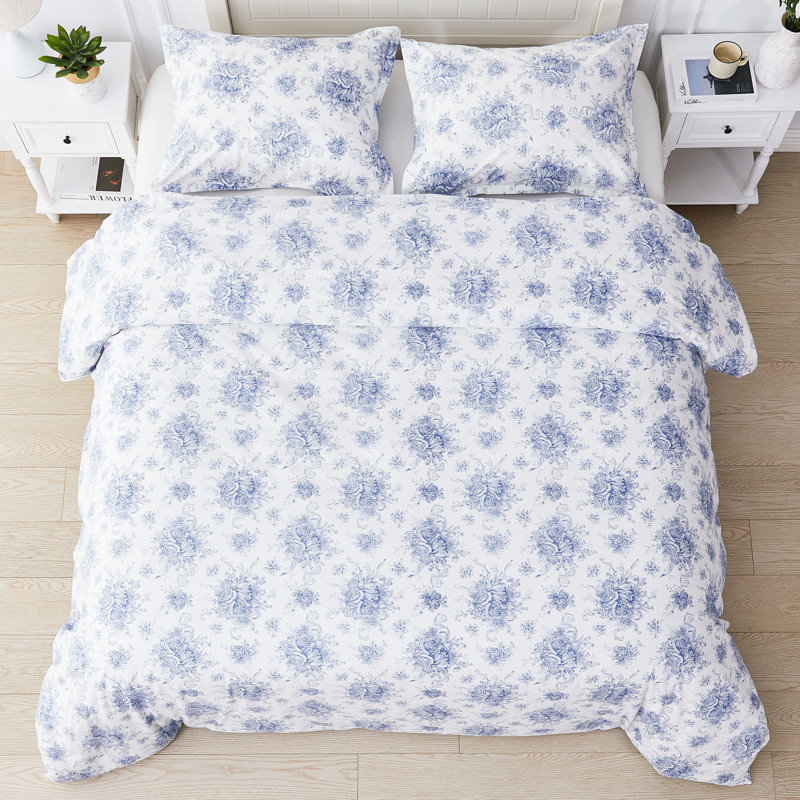 Floral Etching Percale Cotton Duvet Set, Navy, King Duvet Cover + 2 Pillow Shams