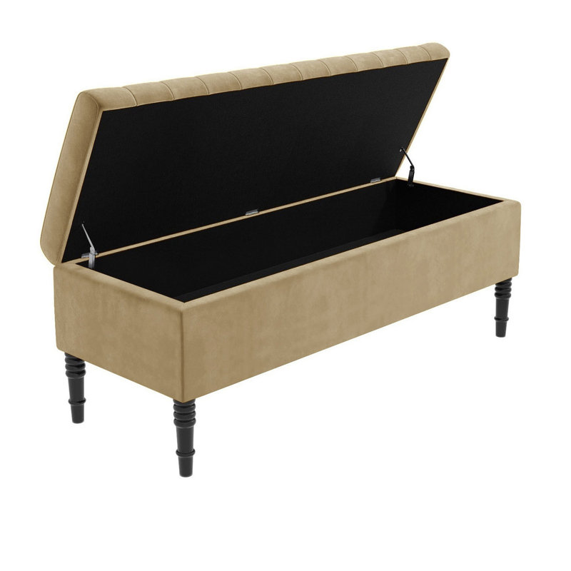 Paris Striped Ottoman Storage Bench - Upholstered Plush Velvet Shoes Bench with Black Turned Wooden Legs, Mink