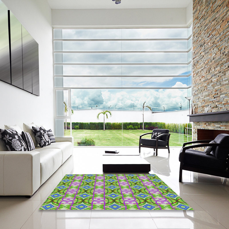 Tapis géométrique vert / mauve / bleu, Carré 8 pi