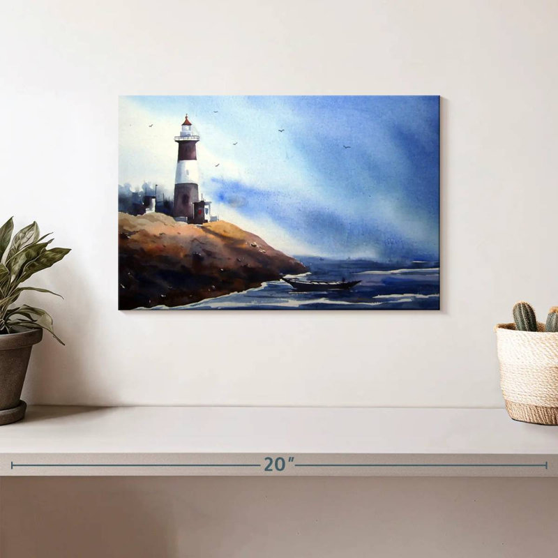 Bateau au bord de la mer, phare, H 8 po x l 12 po