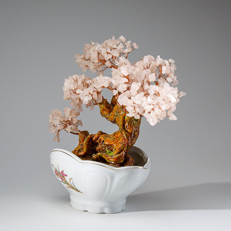 Genuine Rose Quartz Gemstone Bonsai Tree in Oval Ceramic Pot (8")