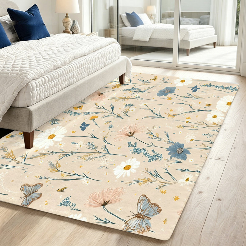 Vintage Floral Butterfly Area Rug, Botanical Garden Design, Soft Plush Non-Slip Washable, Indoor Floor Mat for Living Room, Bedroom, Entryway, Home Office and Dining Spaces