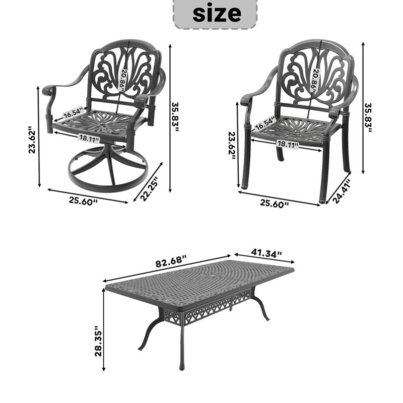 Ensemble de salle à manger 9 pièces en fonte d'aluminium toutes saisons comprenant 2 chaises pivotantes, 6 chaises de table et une table rectangulaire avec cadre noir (même référence: W1710S00382)
