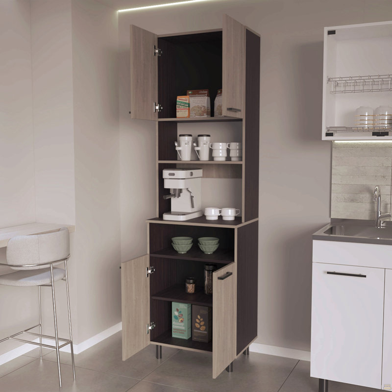 Garde-manger en chêne blanc et wengé avec rangement ouvert et 4 portes