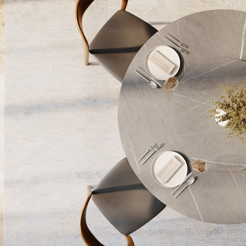 Ikerne Light Gray Mid Modern Century Rotating Round Dining Table With Lazy Suan For 6-8, 29.52”H x 59.05”L x 59.05”W