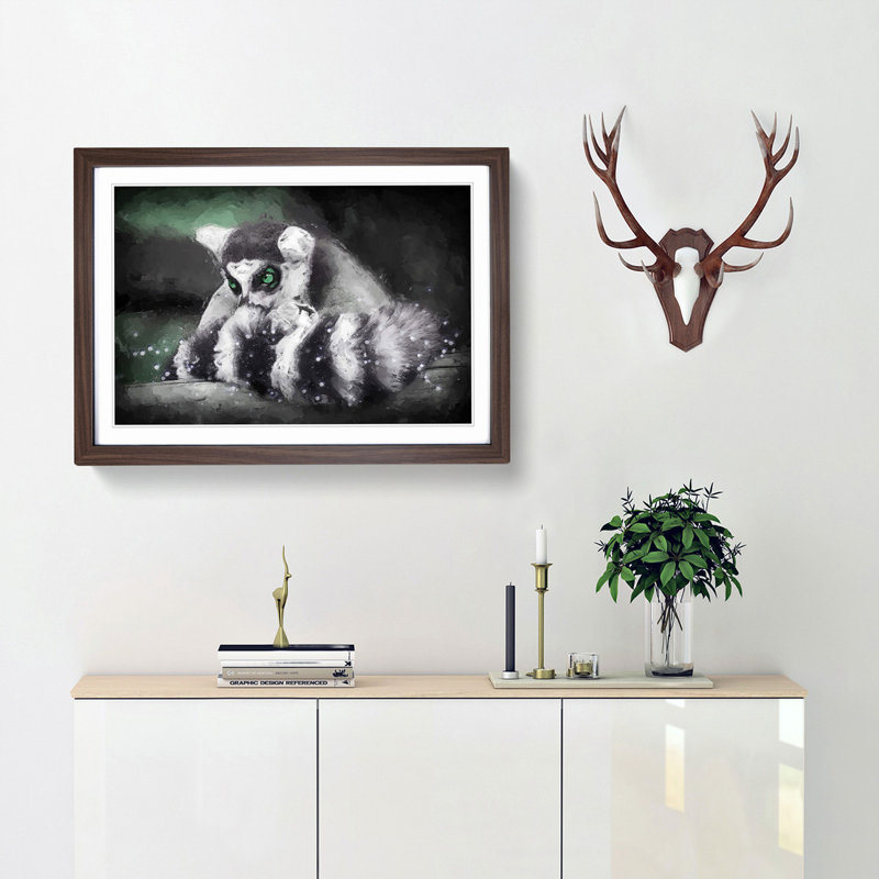 Ring-Tailed Lemur in Abstract - Picture Frame Painting Print, 35cm H x 50cm W x 2cm D, Walnut