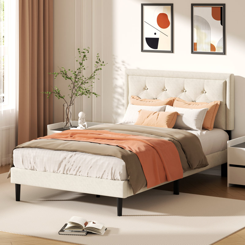 Mauriciu Platform Bed Frame with Button Tufted Headboard and Wooden Slats Support, Beige, Queen
