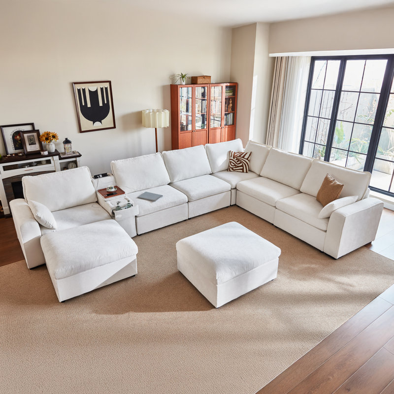 U-shaped 8-seater Oversized Modular Sofa Set Chenille Cloud Couch With Versatile Console, Side Table With Charging Storage Cup Holder