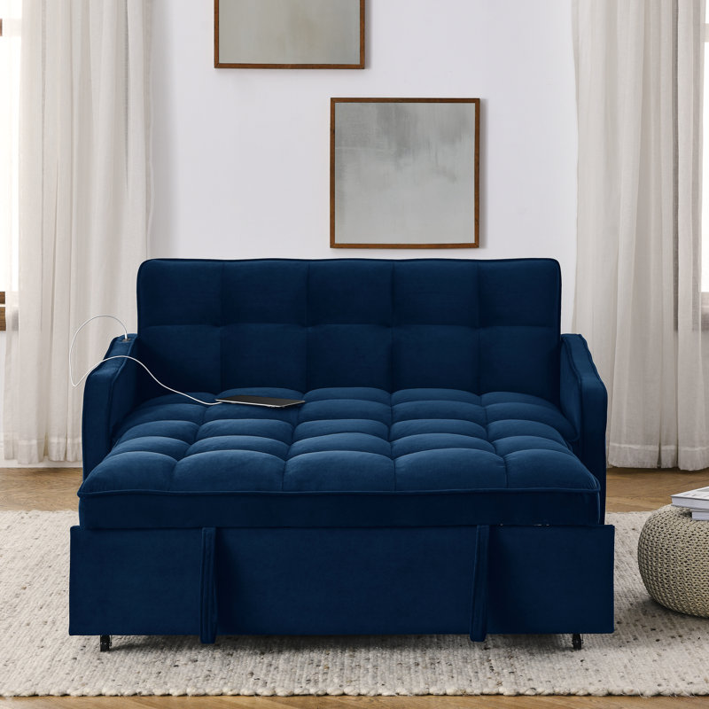 Lit escamotable avec dossier réglable, ports, revêtement en velours bleu pour une vie compacte et confortable, canapé-lit 47 po x 53 po x 31 po, 69 po x 45 po x 16,5 po