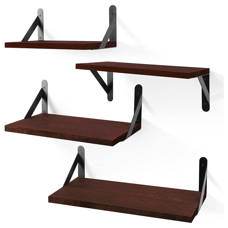 4-Piece Paulownia Wood Floating Shelves Wall Mount Bracket Shelf, Black, Walnut Brown