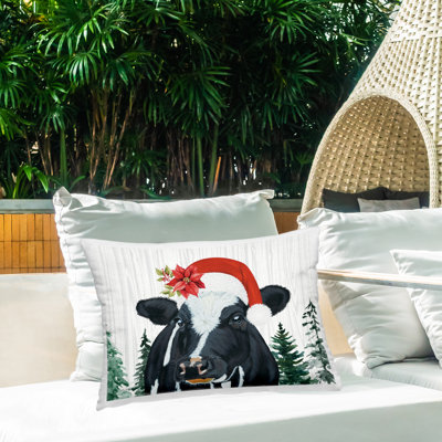 Christmas Hat Cow Portrait Design by Ashley Justice Outdoor Printed Pillow