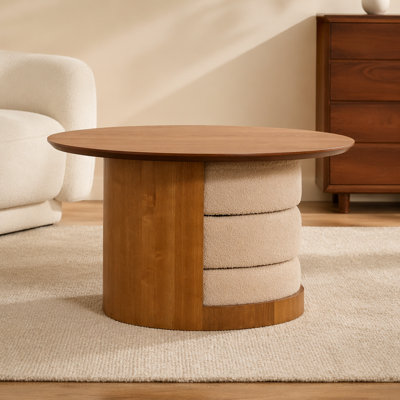 Table basse ronde en bois 31,5 po avec 3 tabourets gigognes en tissu Teddy, ensemble de table centrale multifonctionnel avec rangement caché pour le salon