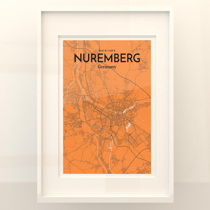 Nuremberg City Map In Orange - No Frame Print, 27.6cm H x 19.7cm W x 0.05cm D