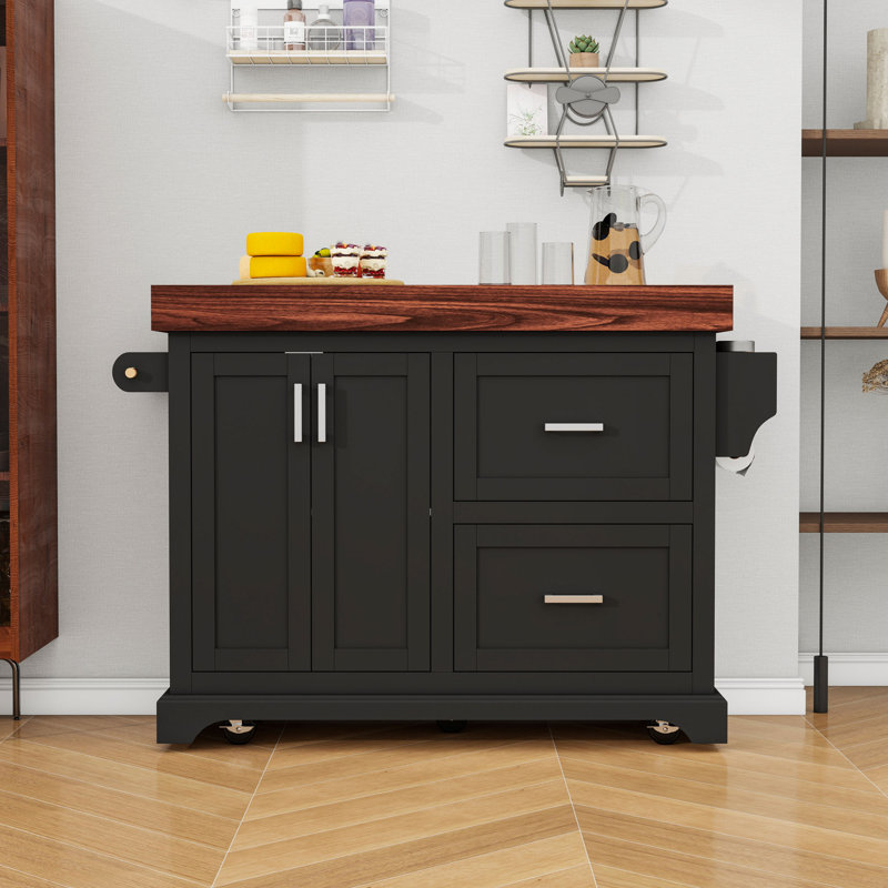 Large Kitchen Island with 2 Drawers, Spice and Towel Racks, Black