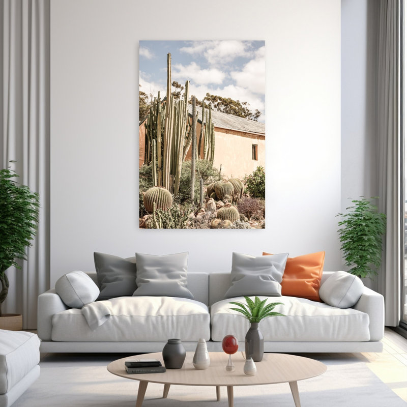 Art contemporain, paysage abstrait rétro, cactus, H 60 po x l 40 po