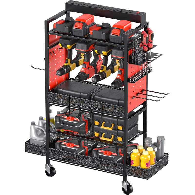 Chariot pour outils électriques avec station de charge, tablettes à outils et paniers de rangement sur roulettes