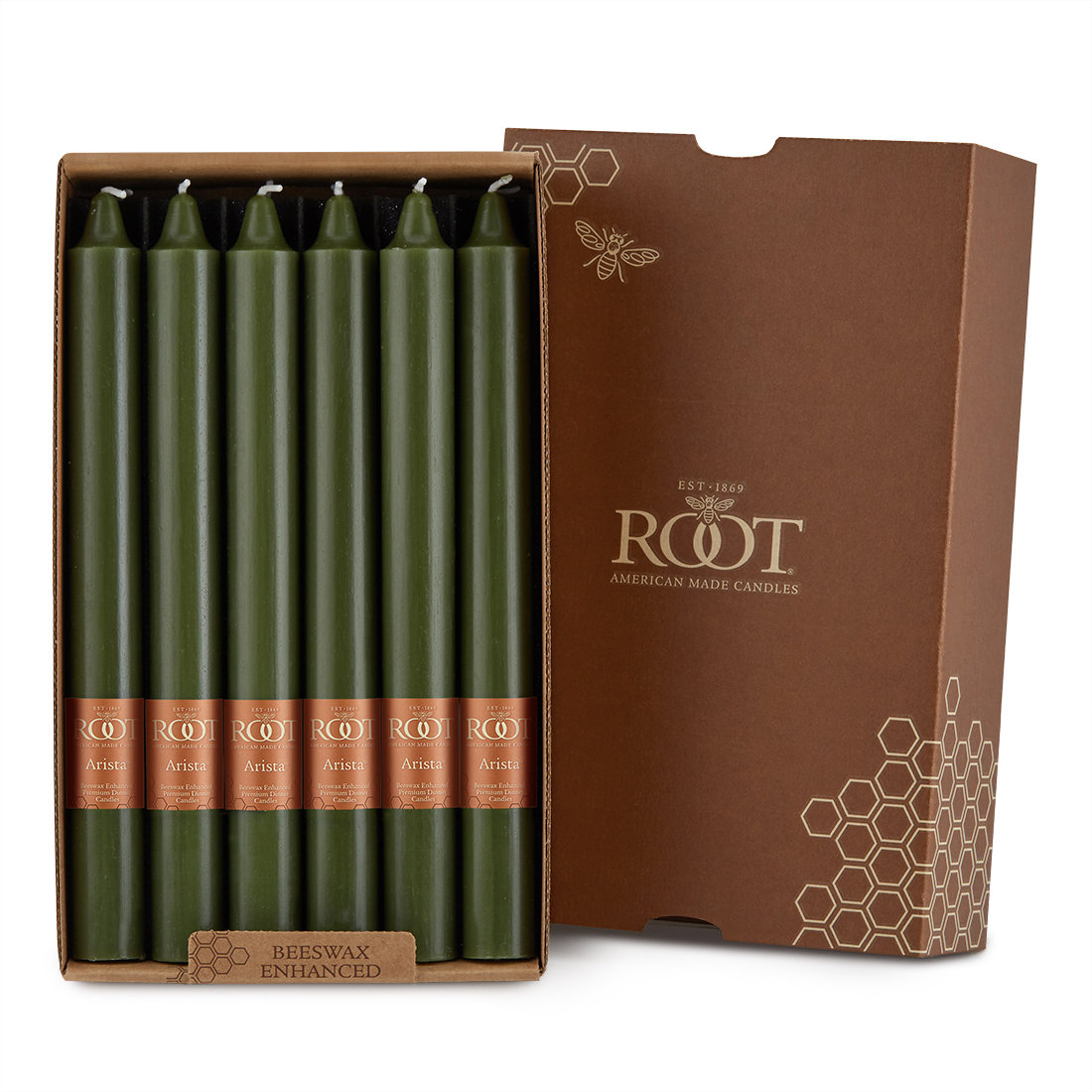 Root Candles Unscented Taper Candle, Dark Olive, 9" H x 0.88" W x 0.88" D