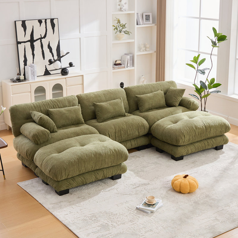 Oversized U-Shaped Sectional Couch with 2 Ottomans and Cloud-look Cushions for Ultimate Comfort, Olive Green Velvet