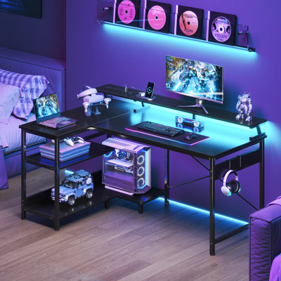 Kirstey L-Shape Gaming Desk with Built in Outlets,Computer Desk with Monitor Stand